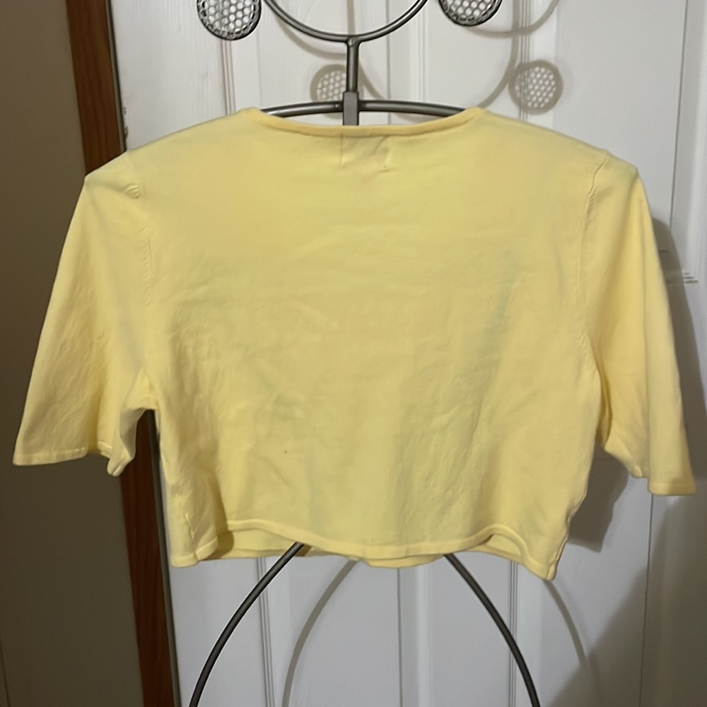 Ruby Rd. Yellow Half Sleeve Flower & Rhinestone Button up Crop Top - Picture 2 of 9
